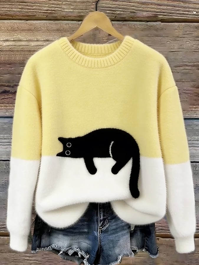 Aileen - Elegant Cat Print Oversized Sweater