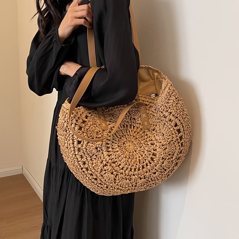 Lola - Round Woven Straw Bag with Pattern — Cognac