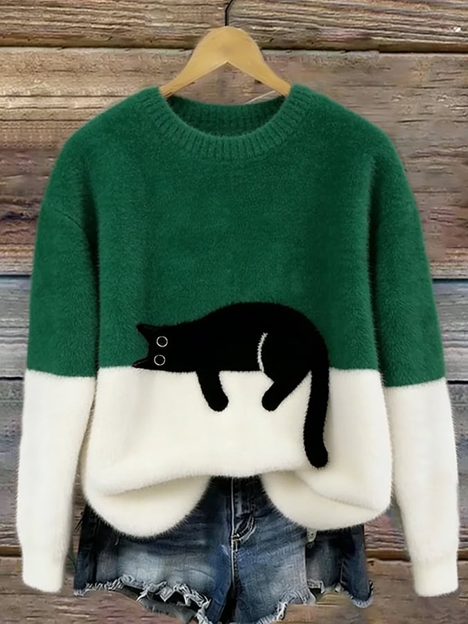 Aileen - Elegant Cat Print Oversized Sweater
