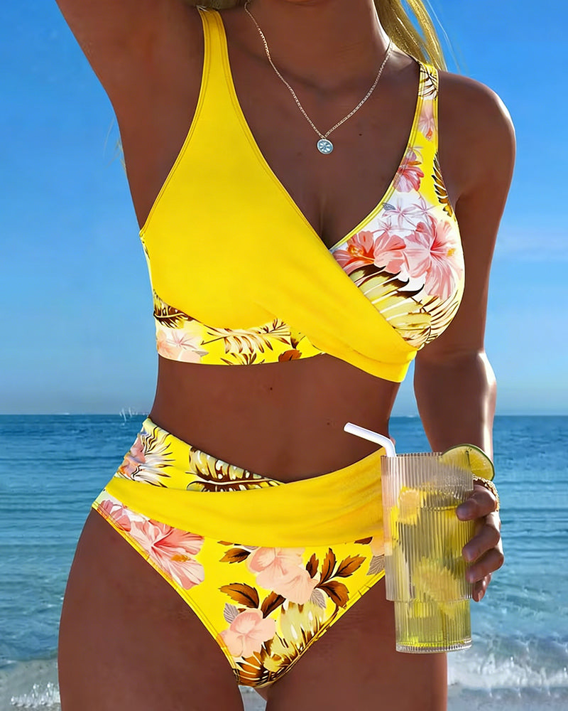 Bikini - Contrasting Floral Print and Opening
