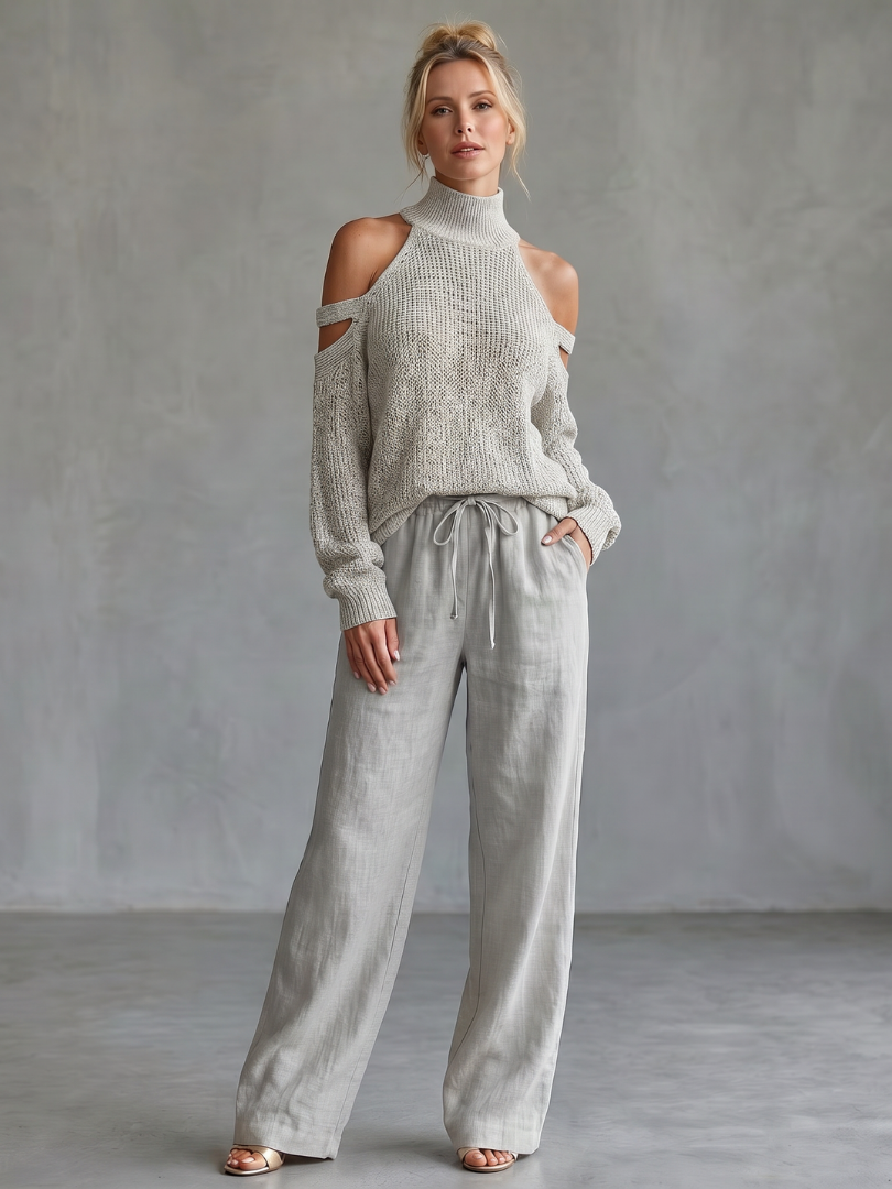 Questa - Open Shoulder Knitted Top and Wide Pants Set