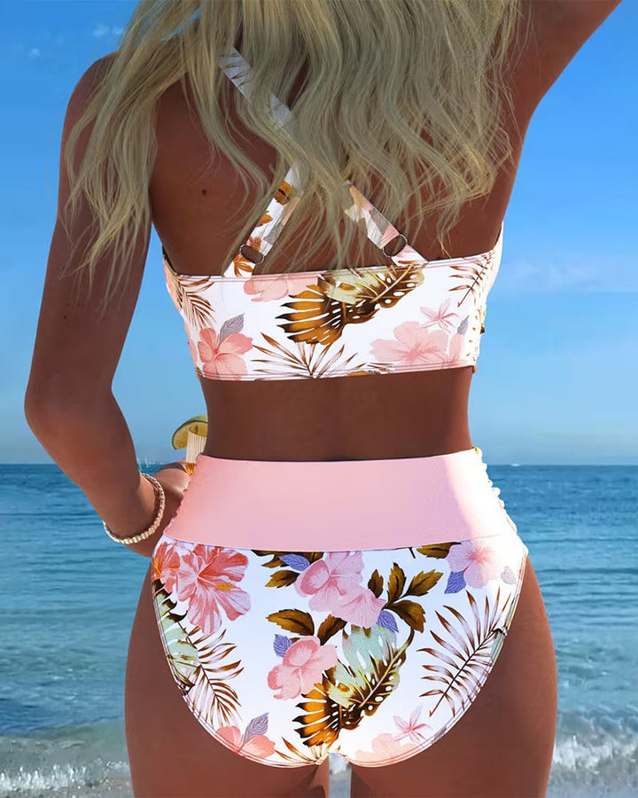 Bikini - Contrasting Floral Print and Opening