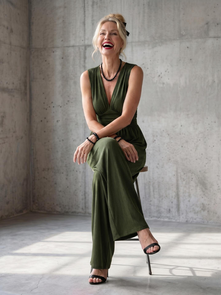 Vincenza - Deep V Neck Defined Waist Wide Leg Jumpsuit