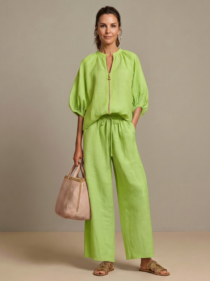 Natalia - Blouson Top with Zipper and Wide Pants Set