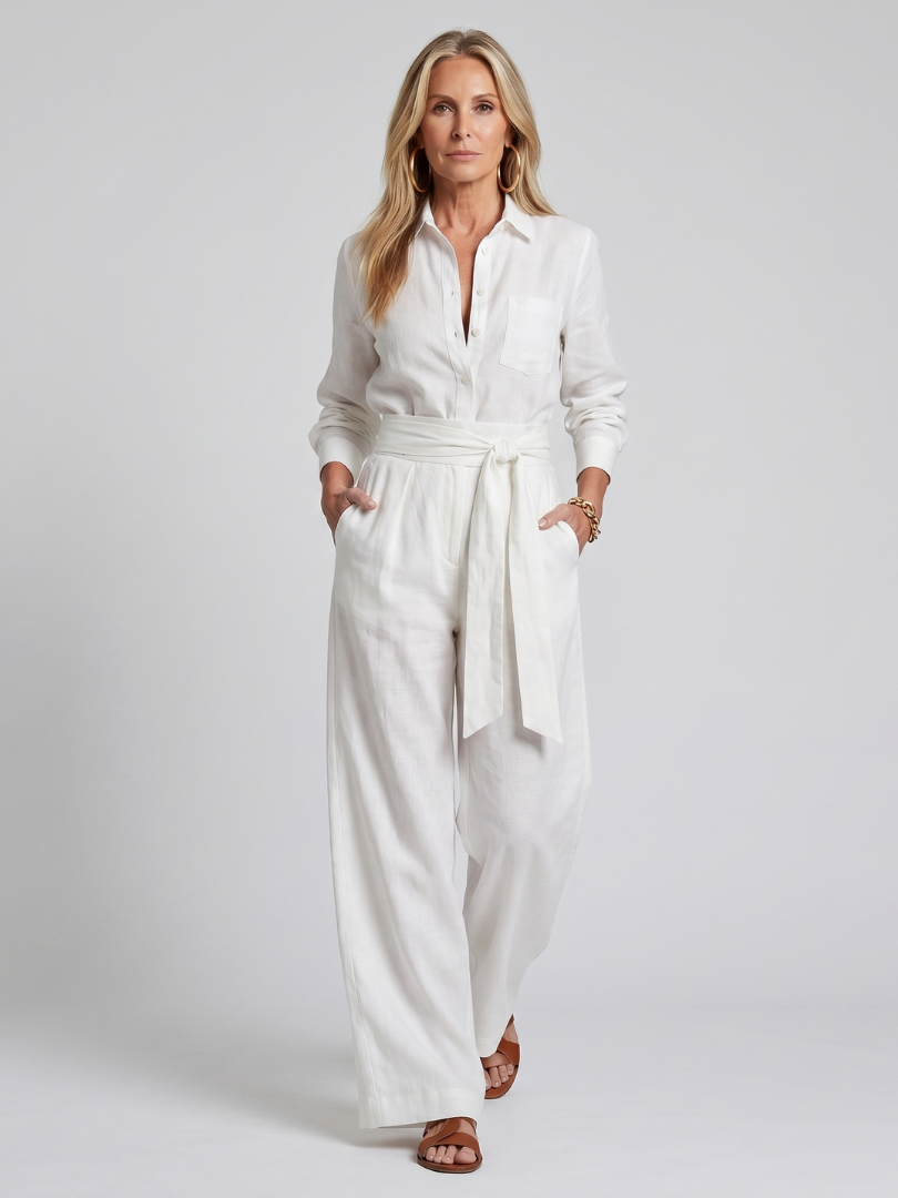 Jovie - Long Sleeve Button Front Wide Leg Jumpsuit