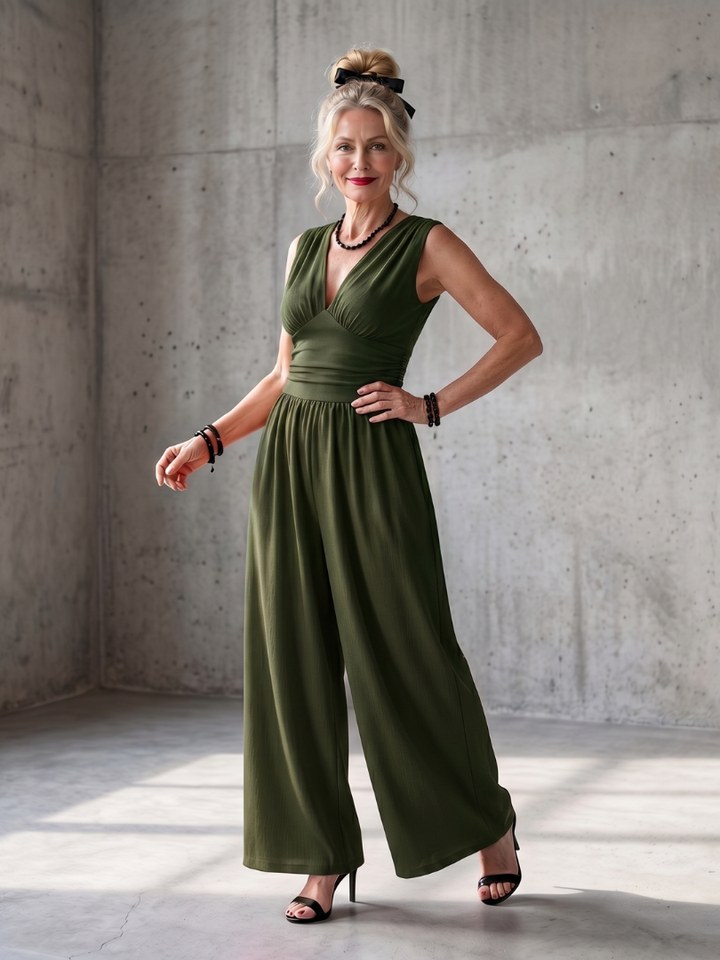 Vincenza - Deep V Neck Defined Waist Wide Leg Jumpsuit