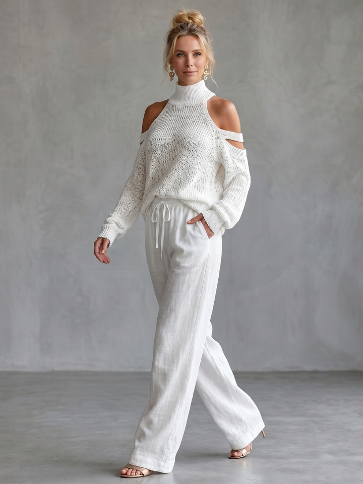 Questa - Open Shoulder Knitted Top and Wide Pants Set
