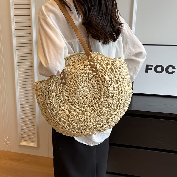 Luigia - Round Woven Straw Bag with Pattern — Natural Beige