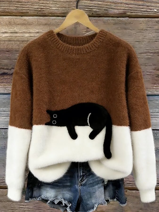 Aileen - Elegant Cat Print Oversized Sweater