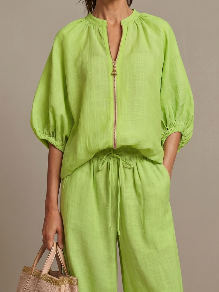 Natalia - Blouson Top with Zipper and Wide Pants Set