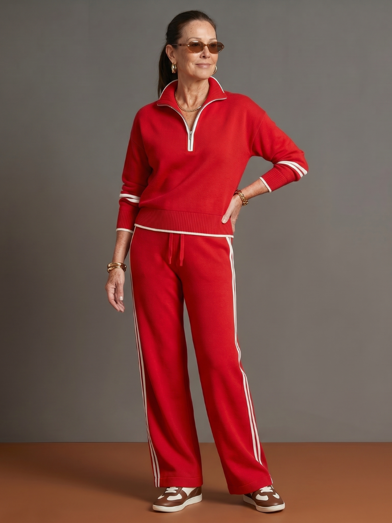 Regen - Zip Neck Long Sleeve Side Stripe Pants Set