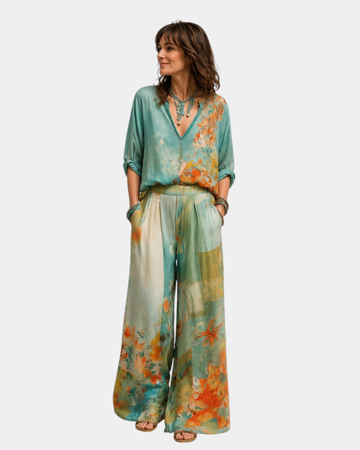 Célidora - Elegant set with floral print and wide pants