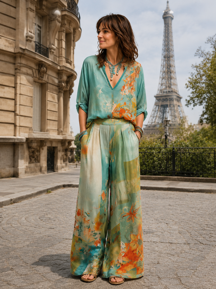 Célidora - Elegant set with floral print and wide pants