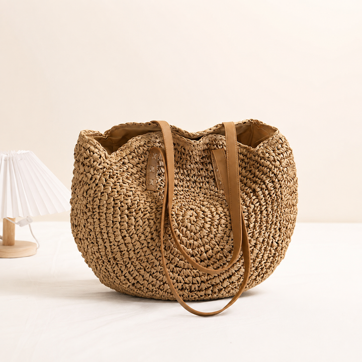 Linda - Round Woven Straw Bag - Hazelnut