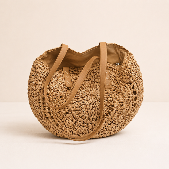 Lola - Round Woven Straw Bag with Pattern — Cognac