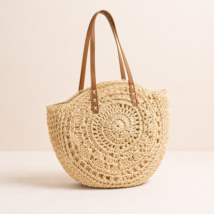 Luigia - Round Woven Straw Bag with Pattern — Natural Beige