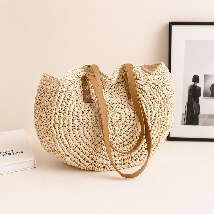 Lisa - Woven Straw Round Bag - Beige