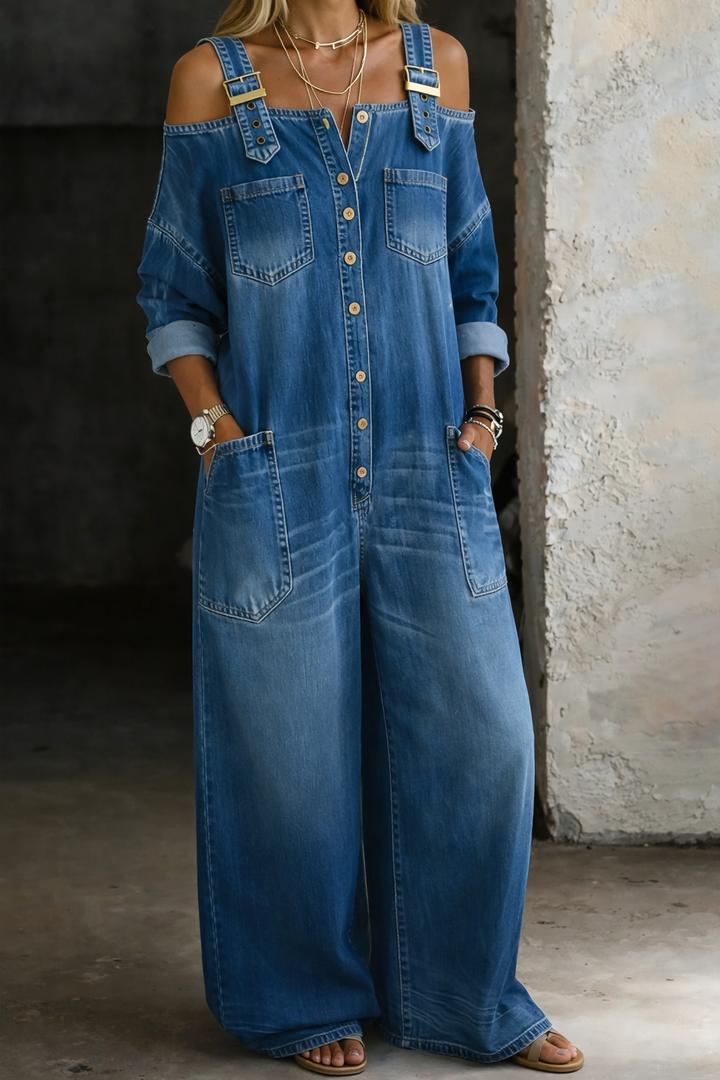Sophia - Denim jumpsuit with bare shoulders