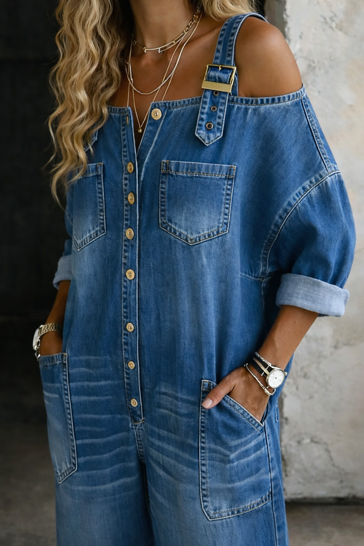 Sophia - Denim jumpsuit with bare shoulders