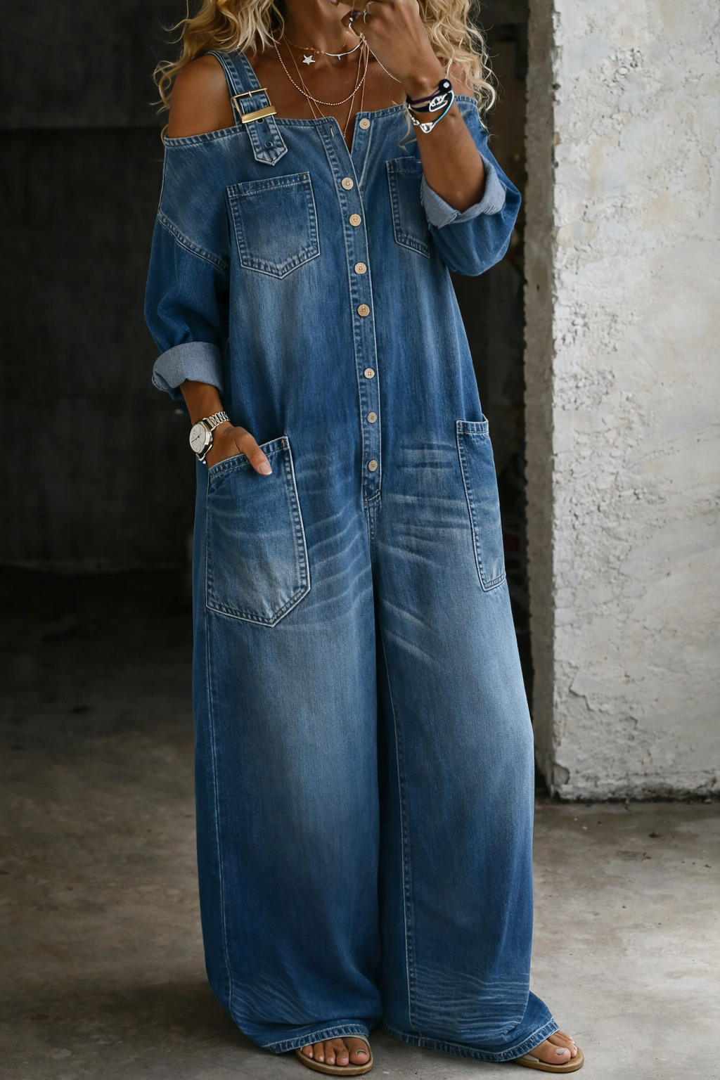 Sophia - Denim jumpsuit with bare shoulders