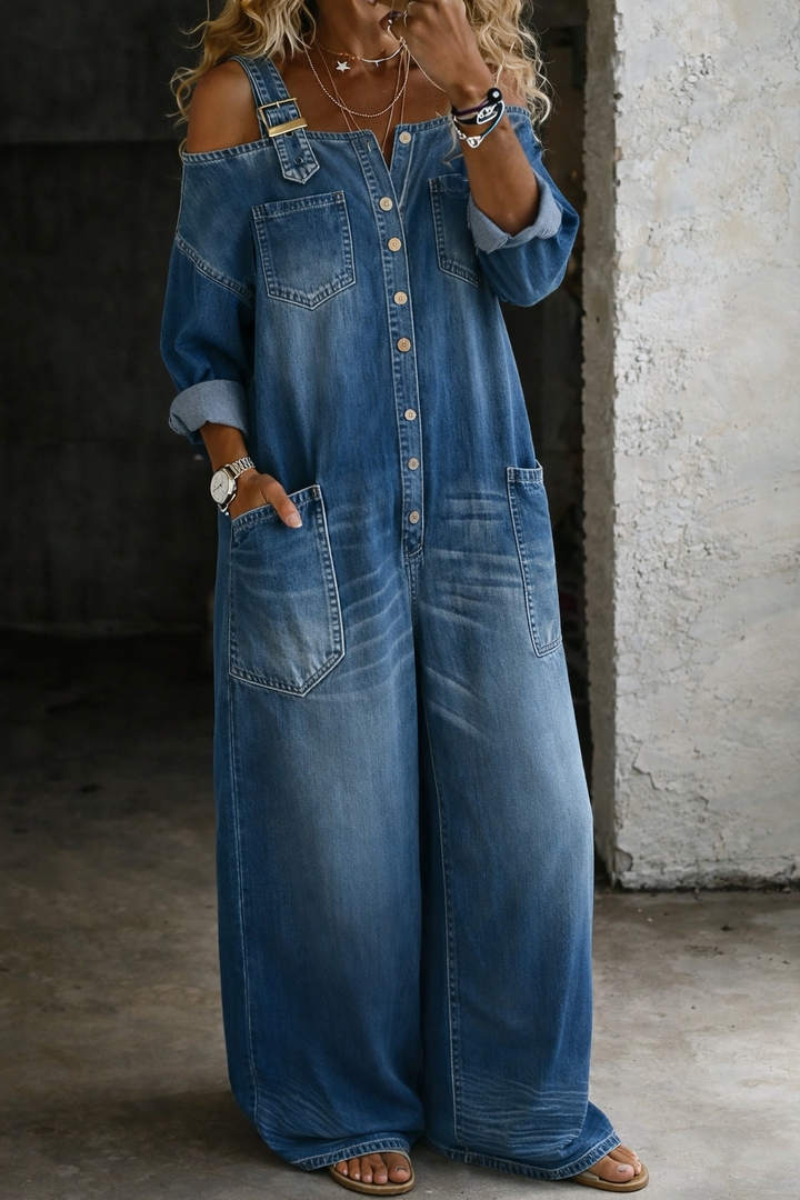 Sophia - Denim jumpsuit with bare shoulders
