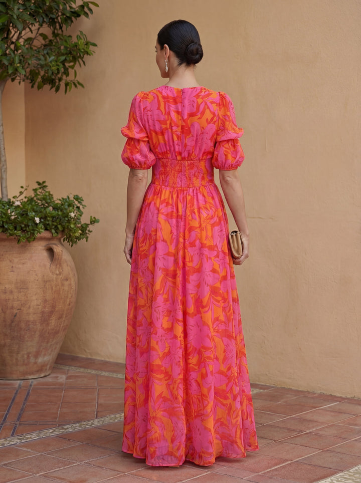 Oliva - Floral Maxi Dress with Balloon Sleeves and V-Neck