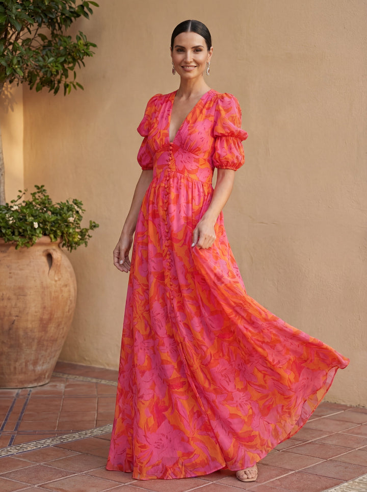 Oliva - Floral Maxi Dress with Balloon Sleeves and V-Neck