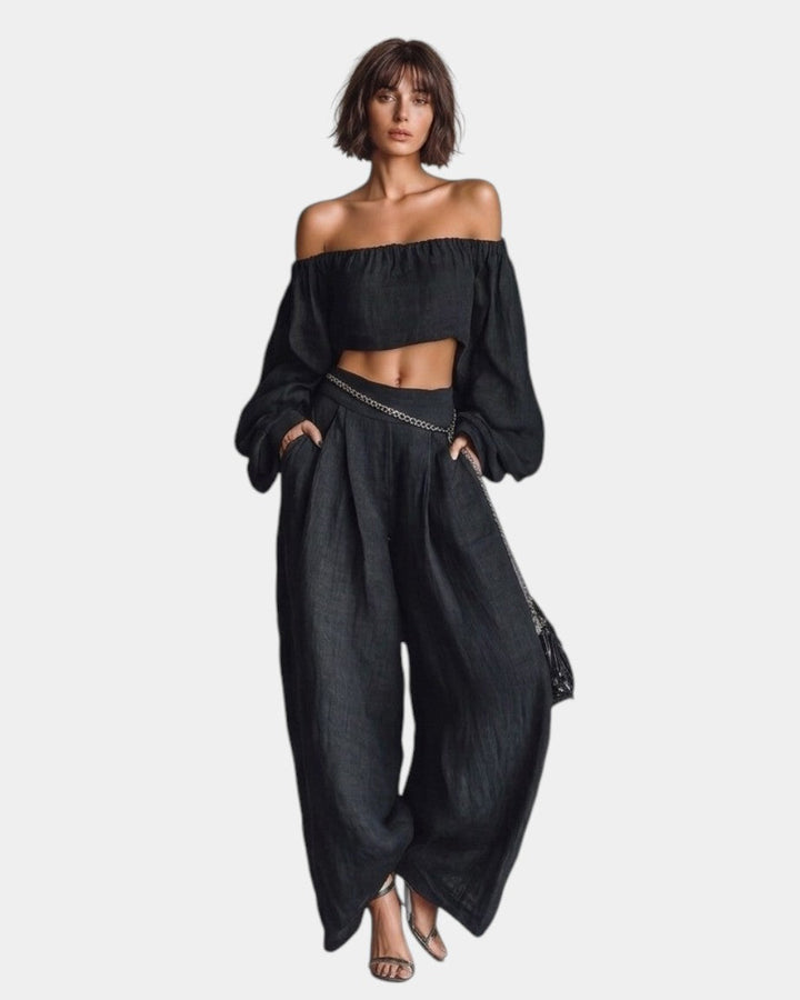Cíntia - Off-Shoulder Top and Wide Pants Set