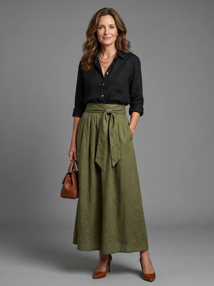 Vera - Two-Piece Set Black Blouse Olive Green Midi Skirt