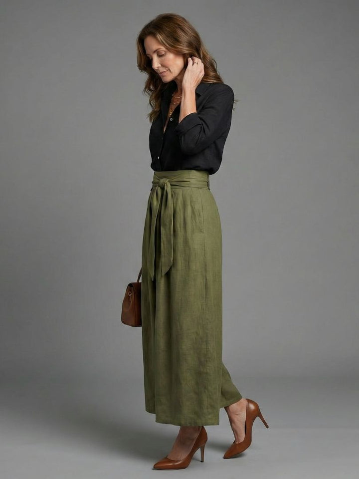Vera - Two-Piece Set Black Blouse Olive Green Midi Skirt