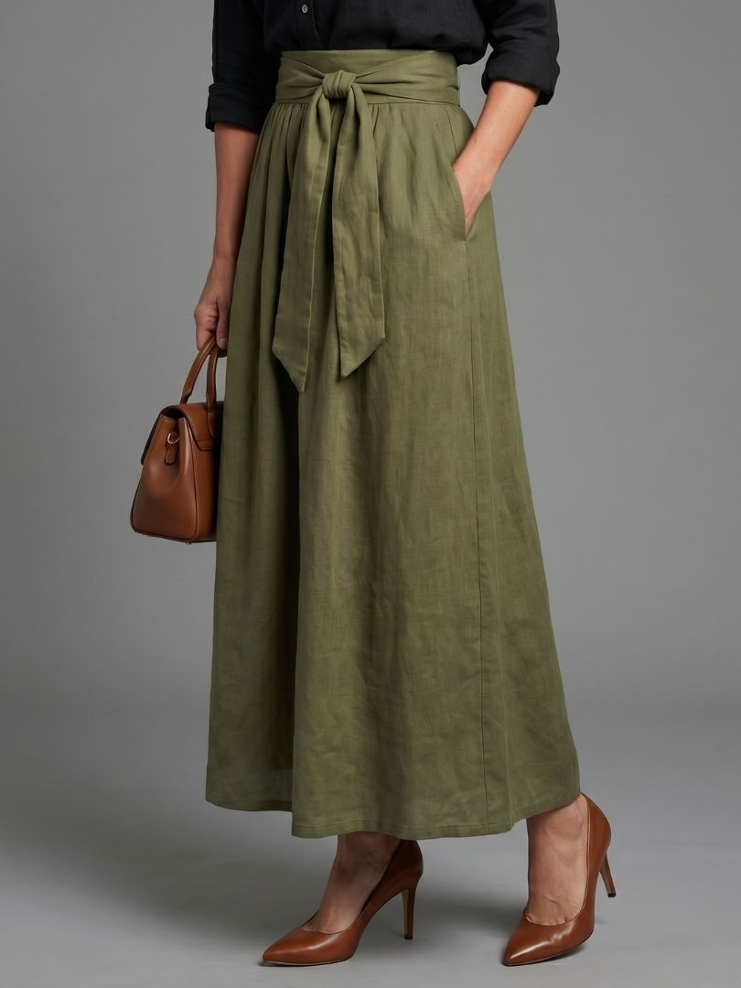 Vera - Two-Piece Set Black Blouse Olive Green Midi Skirt