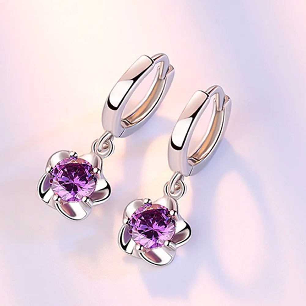 Silver Earrings with Purple and White Zirconia