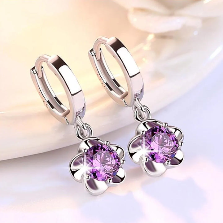 Silver Earrings with Purple and White Zirconia