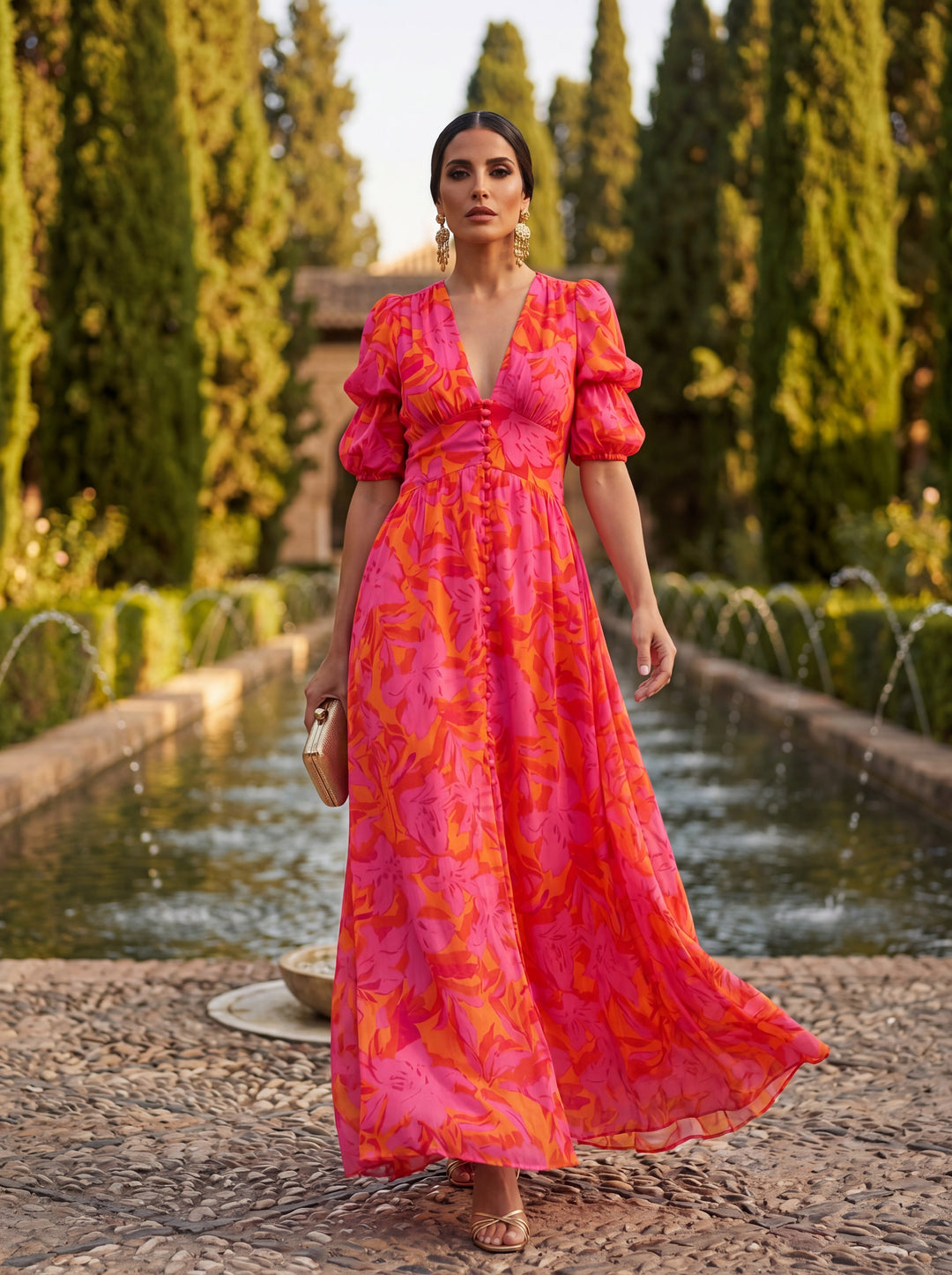 Oliva - Floral Maxi Dress with Balloon Sleeves and V-Neck
