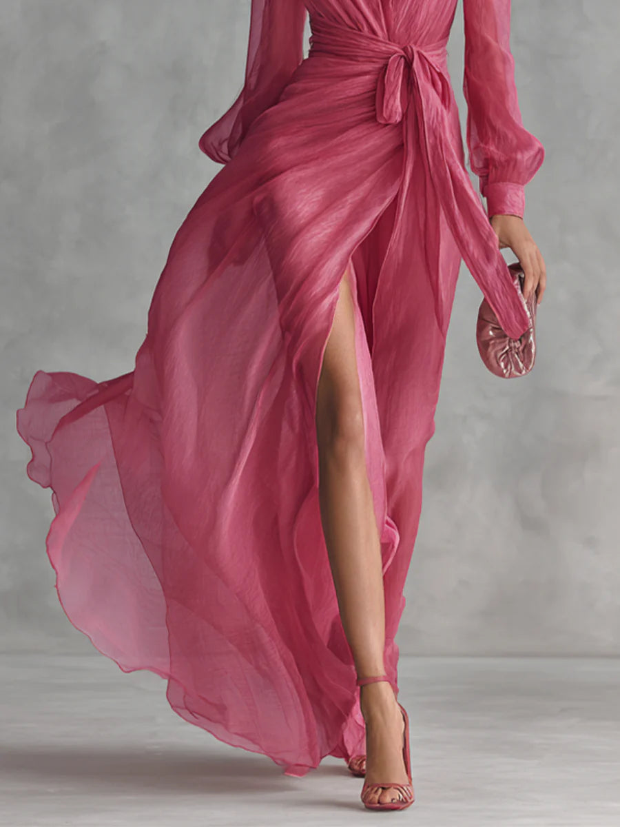 Beatrice - Elegant Chiffon V-neck Tie-waist Long Dress