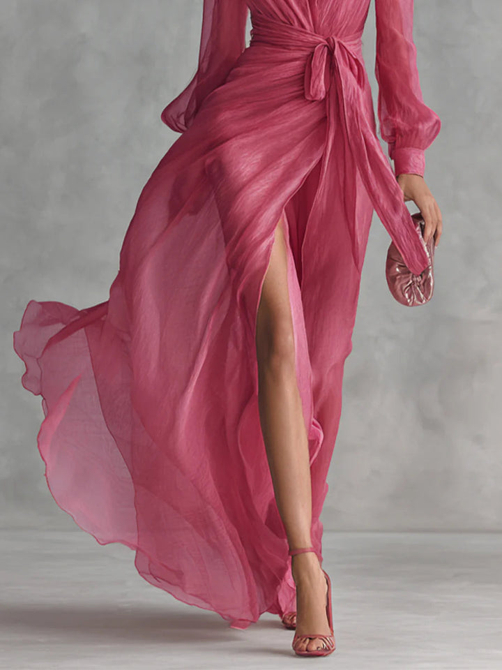 Beatrice - Elegant Chiffon V-neck Tie-waist Long Dress