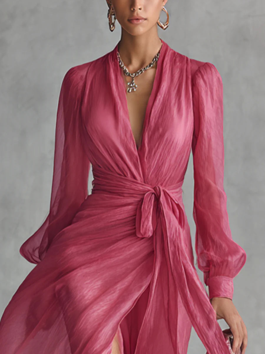 Beatrice - Elegant Chiffon V-neck Tie-waist Long Dress