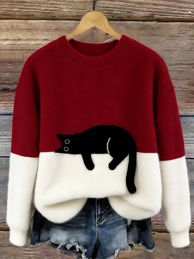 Aileen - Elegant Cat Print Oversized Sweater
