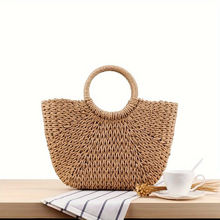 Serenella - Half-Moon Woven Straw Bag Cognac