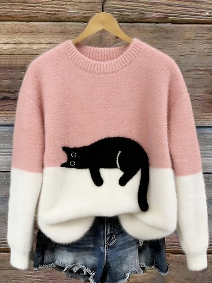 Aileen - Elegant Cat Print Oversized Sweater