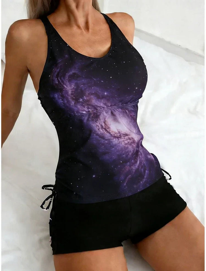 Celeste - Tankini set with galaxy print that covers the belly