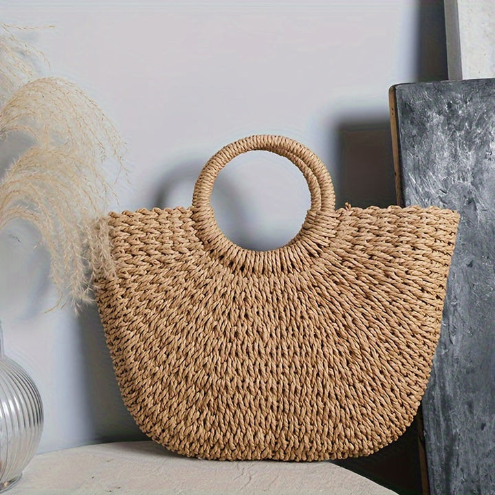 Serenella - Half-Moon Woven Straw Bag Cognac