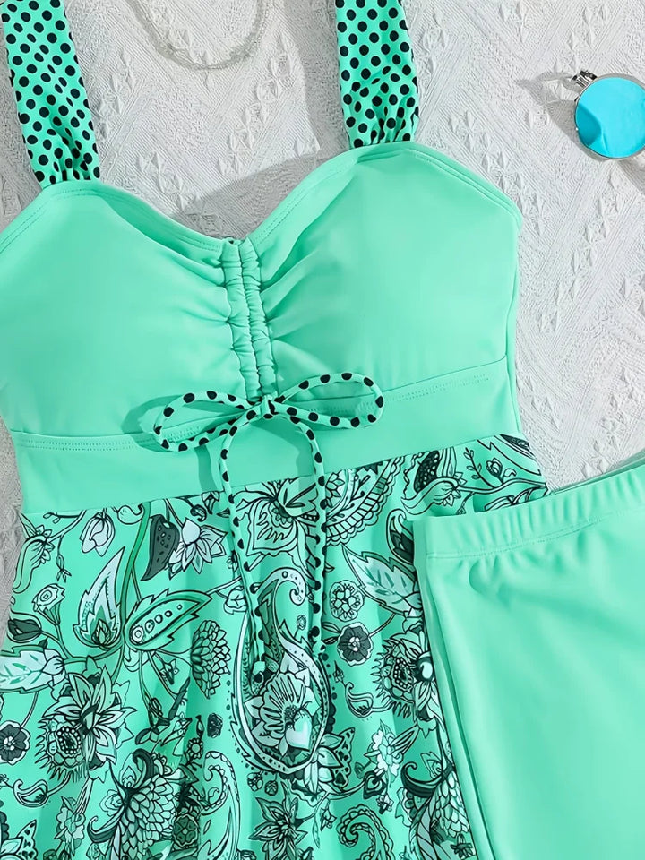 Mint - Floral Swimsuit Set That Covers the Stomach