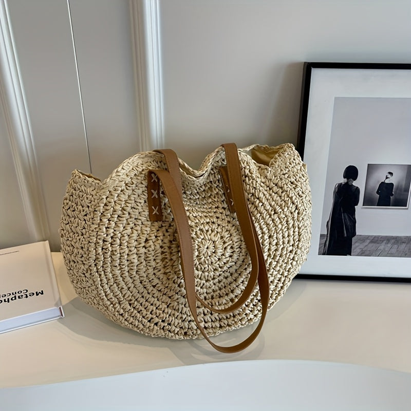 Lisa - Woven Straw Round Bag - Beige