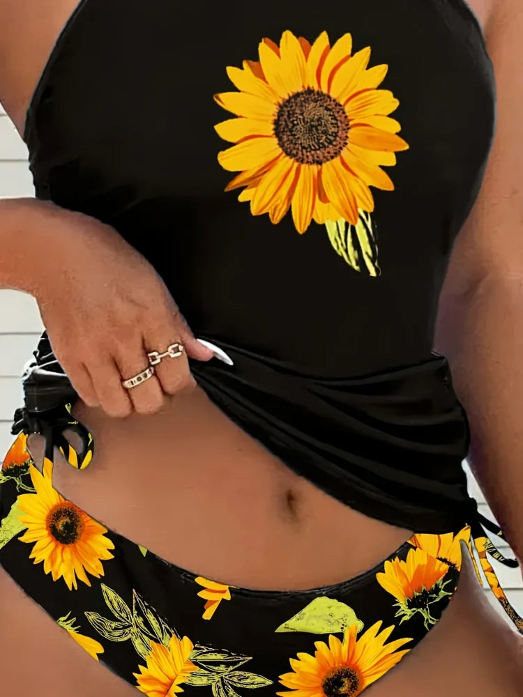 Sunny - Tankini set with halter top and sunflower print that covers the belly