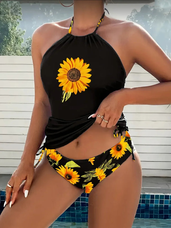 Sunny - Tankini set with halter top and sunflower print that covers the belly