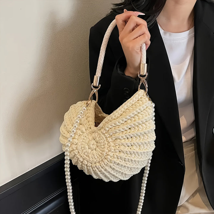 Tamara - Woven Tote Bag with Chain Strap - Cream White