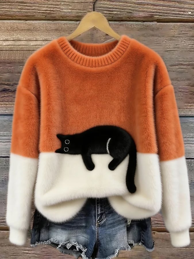 Aileen - Elegant Cat Print Oversized Sweater