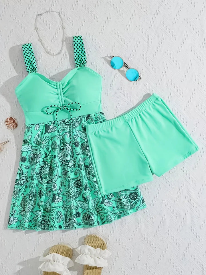 Mint - Floral Swimsuit Set That Covers the Stomach