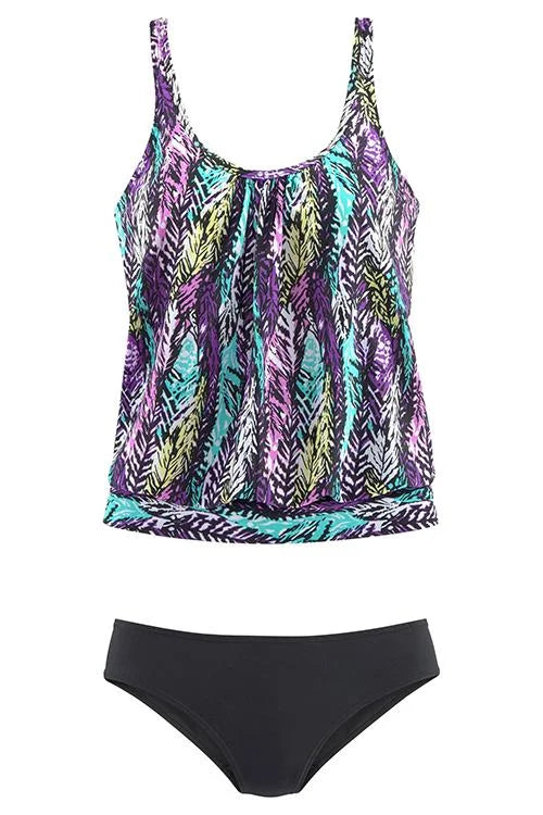 Plume - Tankini Set with Feather Pattern that Covers the Stomach